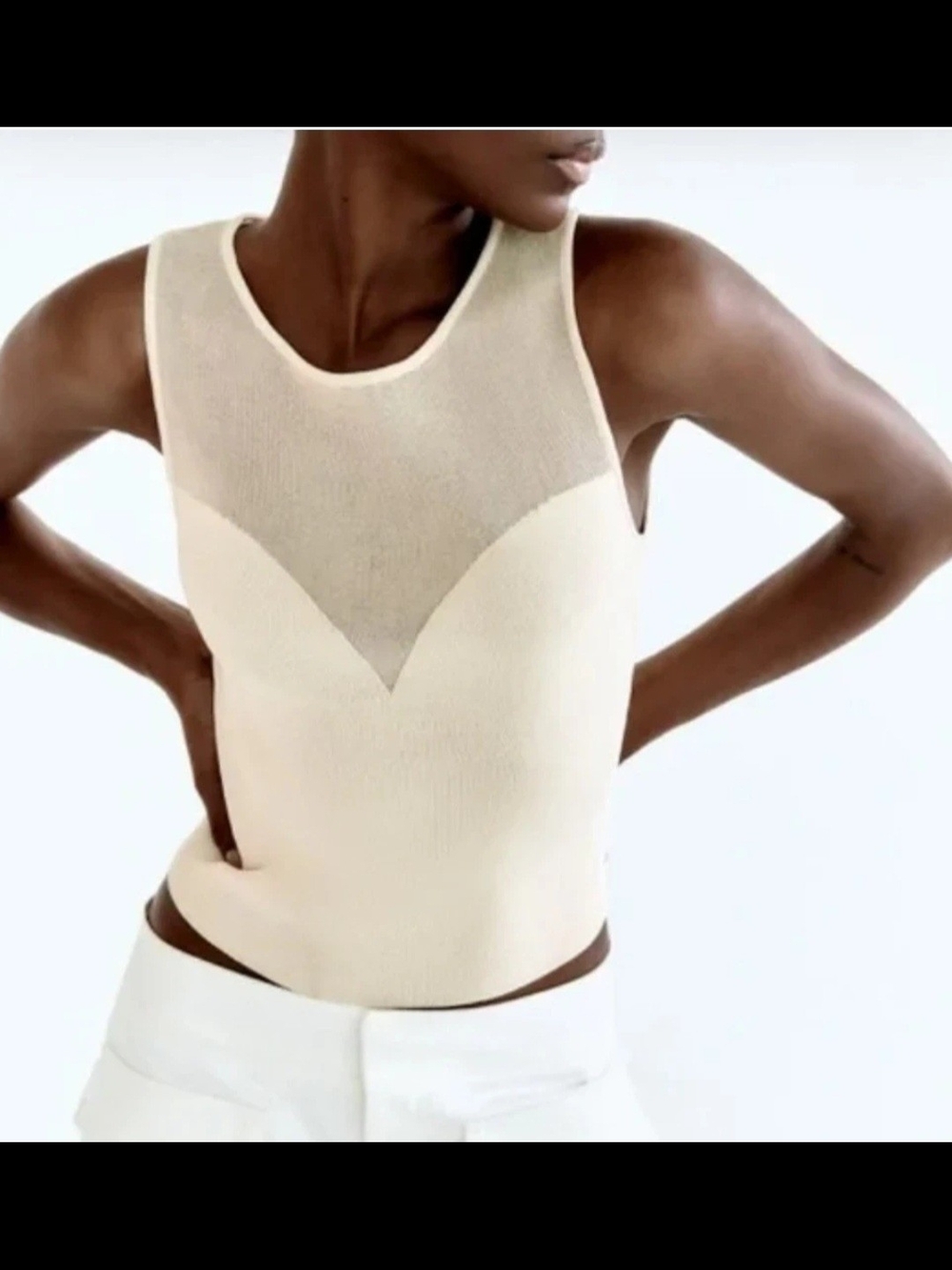 Zara Cream Mesh-Inset Ribbed Tank